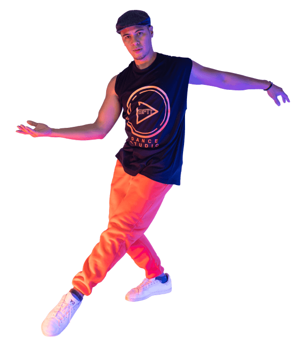 An isolated photo of a male dancer doing a dance move.