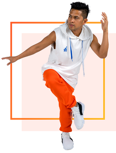 An isolated photo of a male dancer doing a dance move.